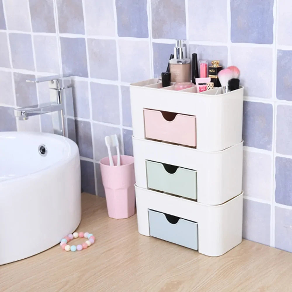 Stackable drawers with cosmetic items in a bathroom setting