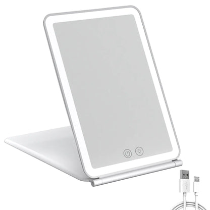 Lighted makeup mirror with charging cable on a white background