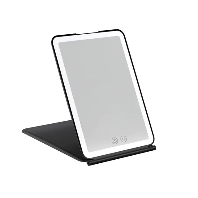 Black stand with a reflective surface on a white background