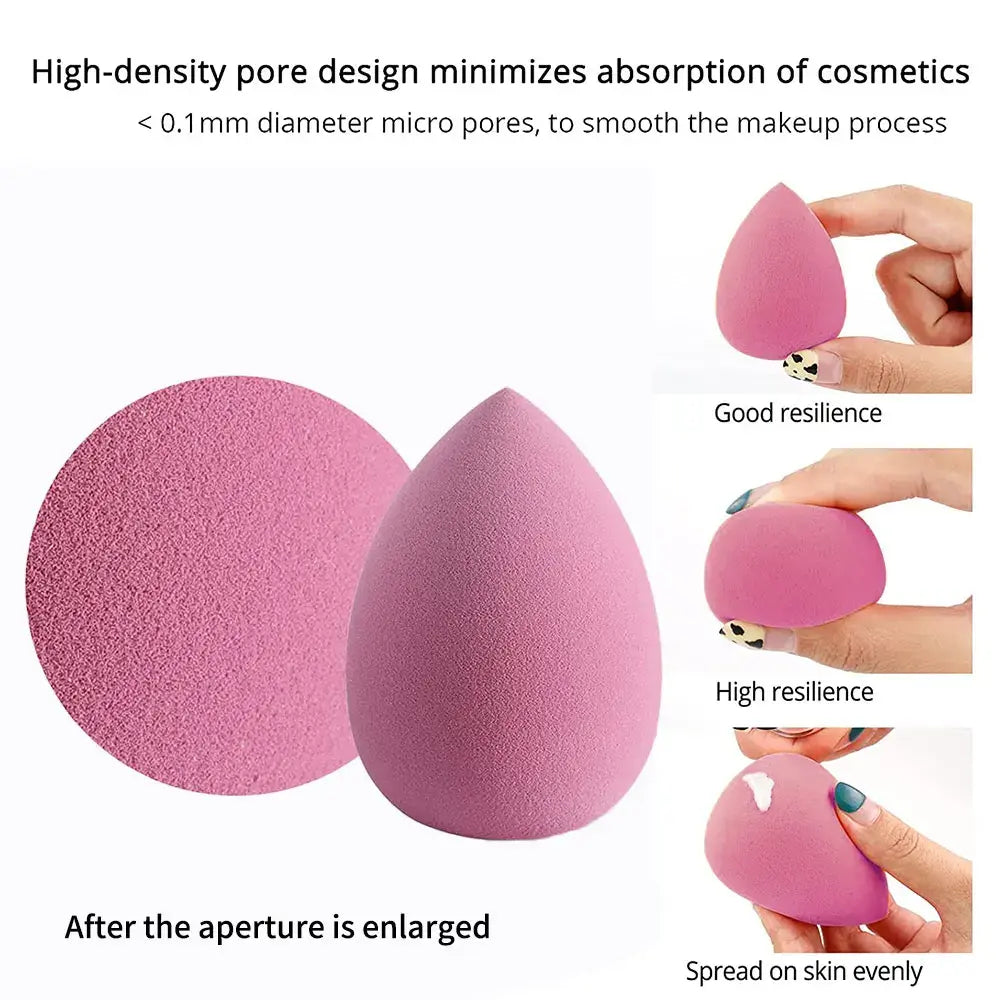 Pink makeup sponge with text explaining its design and use