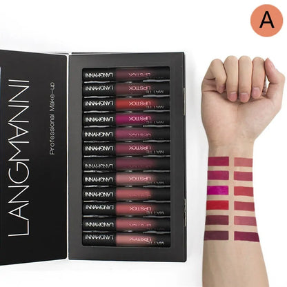 Set of LANGMANNI lipsticks with swatches on a white background