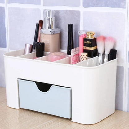 White cosmetic organizer with makeup items on a wooden surface.