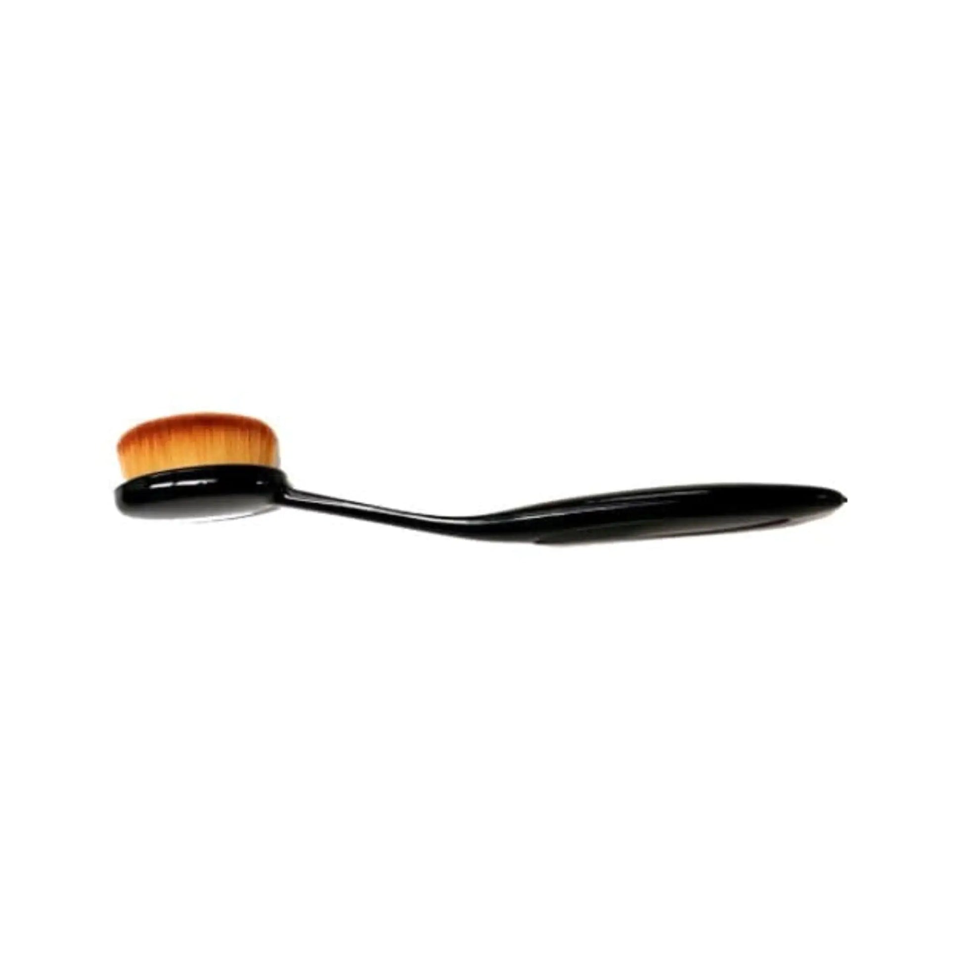 Makeup brush with black handle and brown bristles on a white background