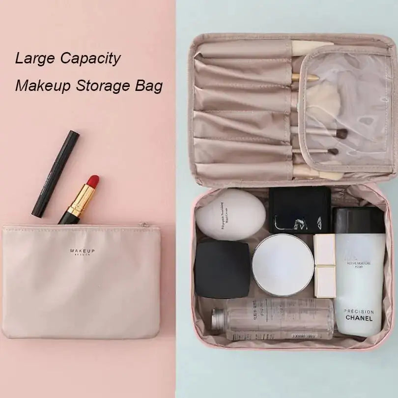 Makeup storage bag with various cosmetic items on a pink background