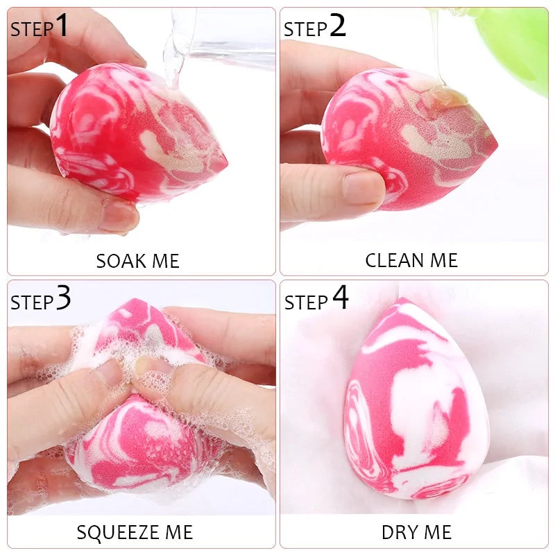 Steps to use a pink and white marbled cleaning ball with text labels.