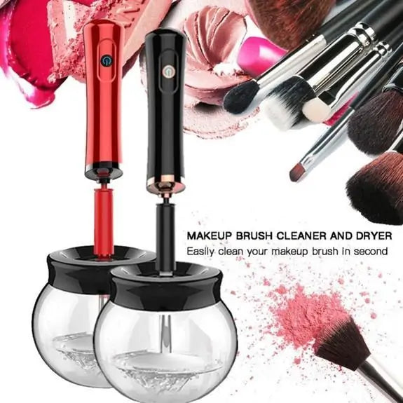 Makeup brush cleaner and dryer with brushes and makeup products in the background