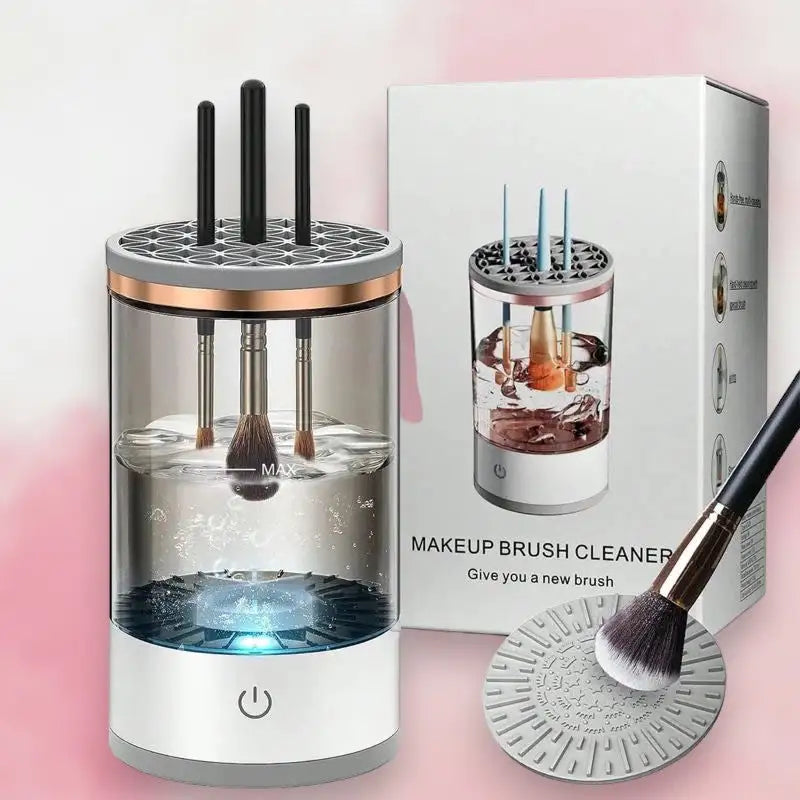 Makeup brush cleaner with a brush and packaging on a pink background
