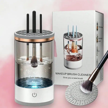 Makeup brush cleaner with a brush and packaging on a pink background